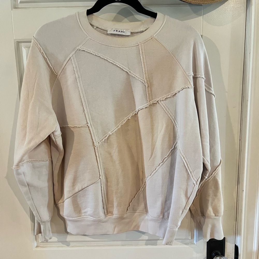 Frame Denim Cream Crew Neck Sweater with Geometric Design